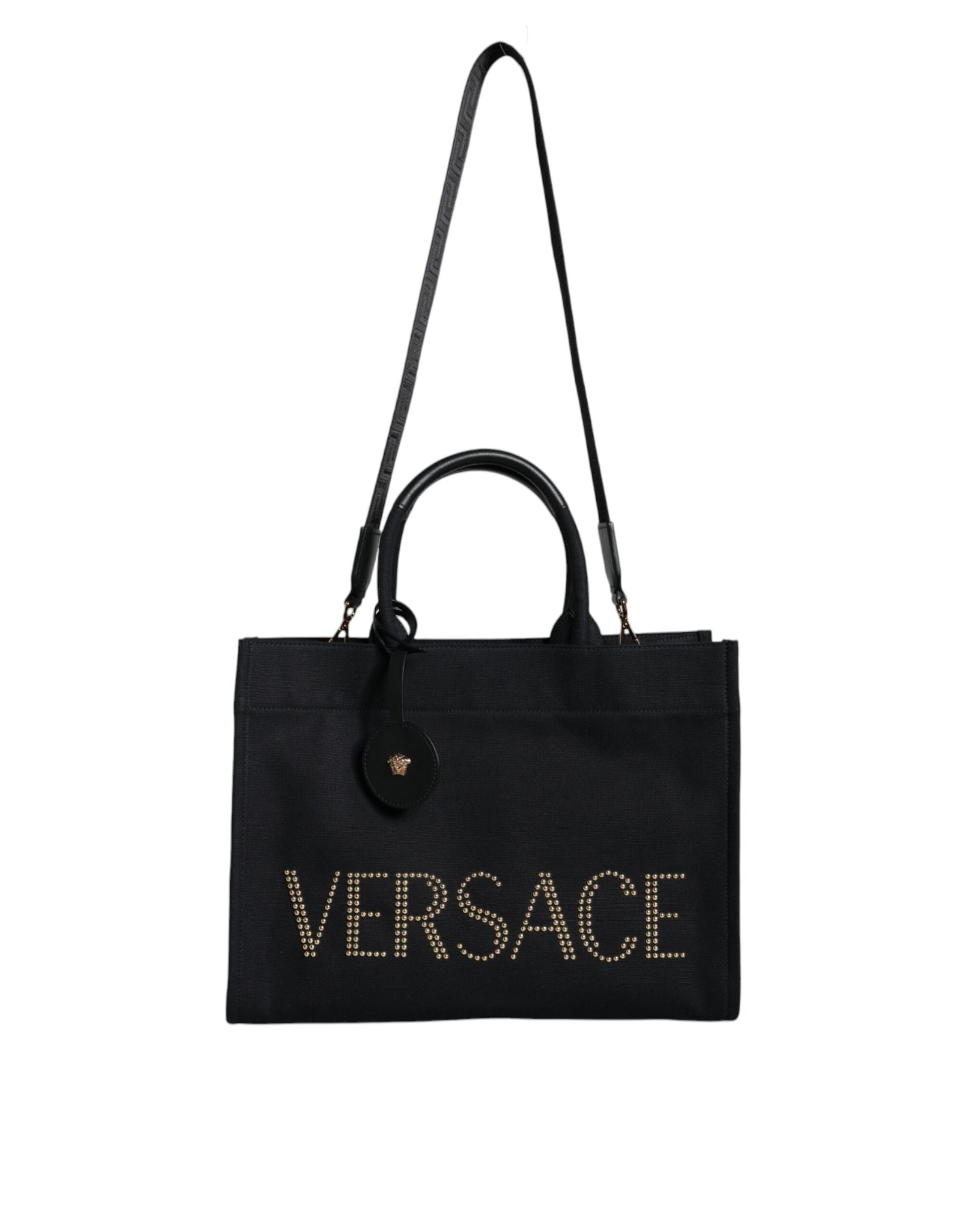Black handbag with gold lettering