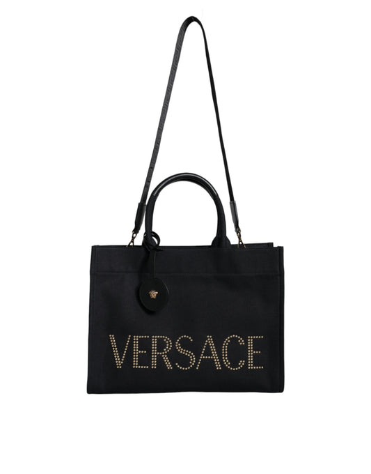 Black handbag with gold lettering