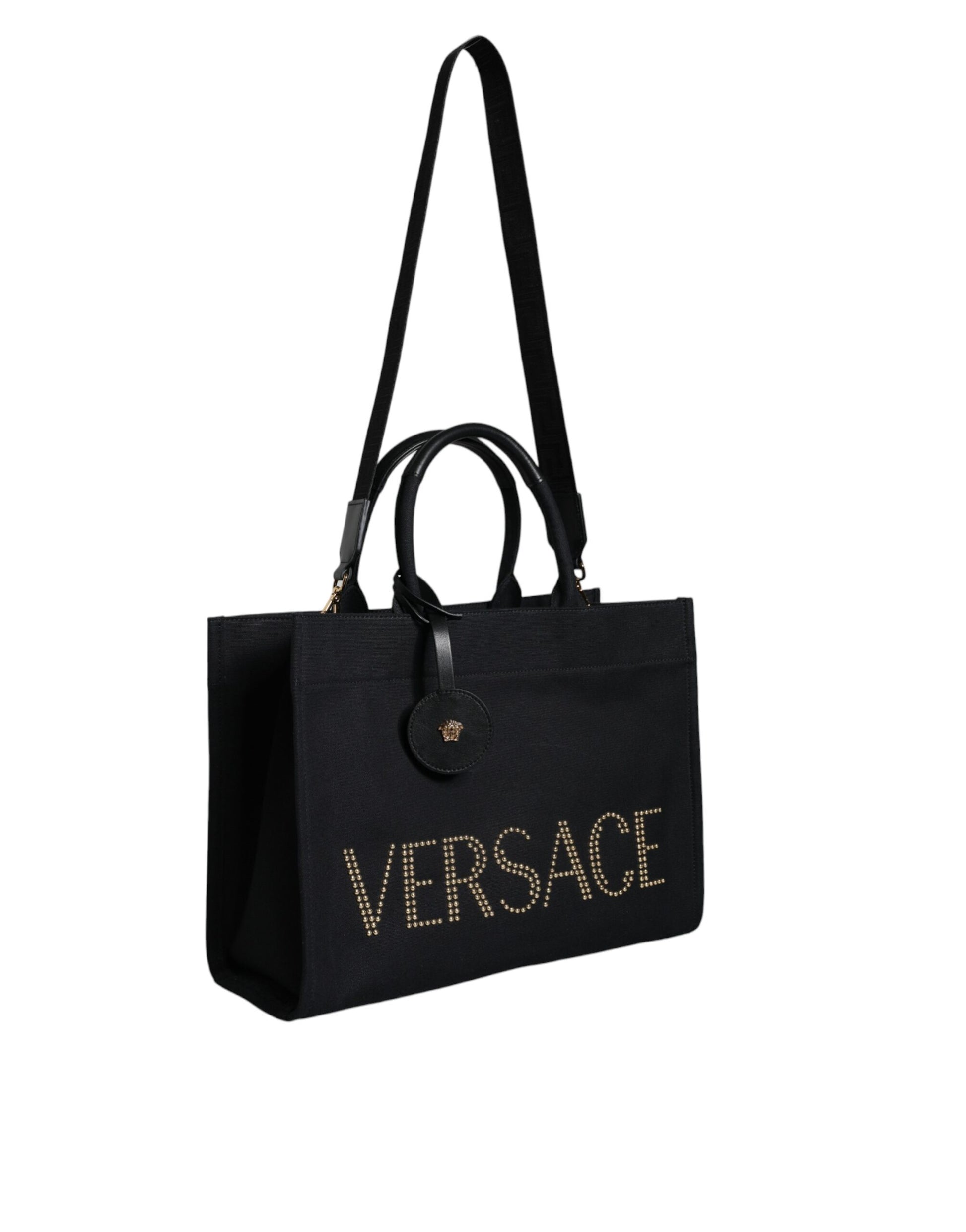 Black handbag with gold lettering