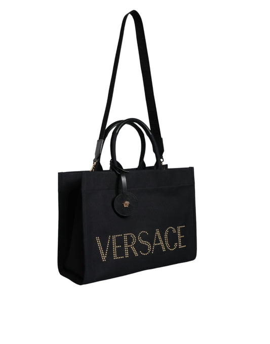 Black handbag with gold lettering