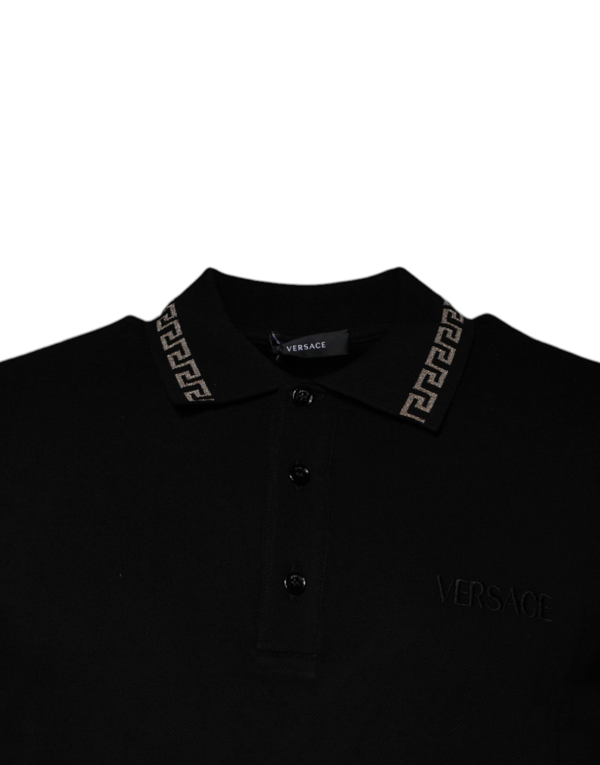 Black polo shirt with gold zipper and logo