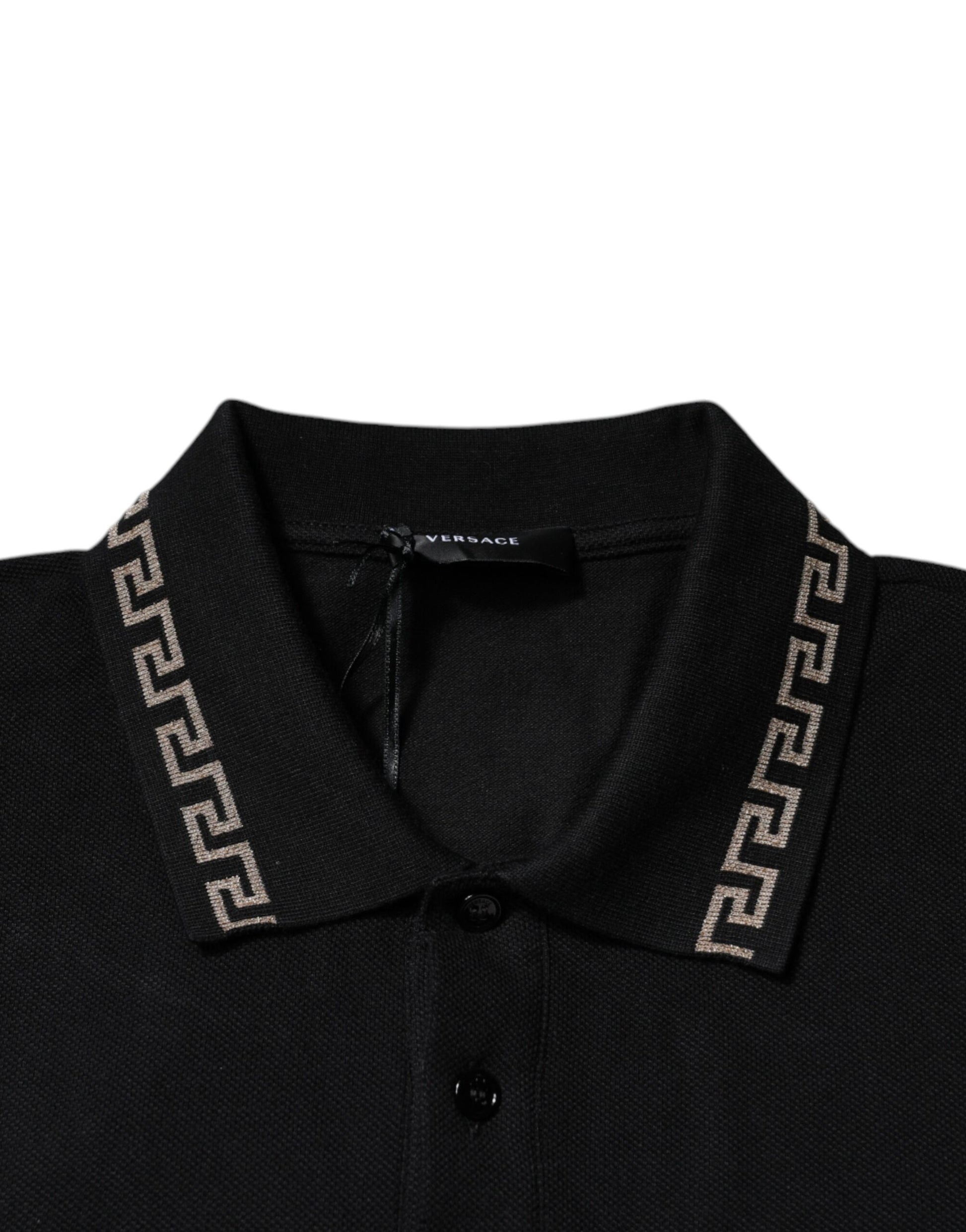 Black shirt with gold zipper and embroidery on collar
