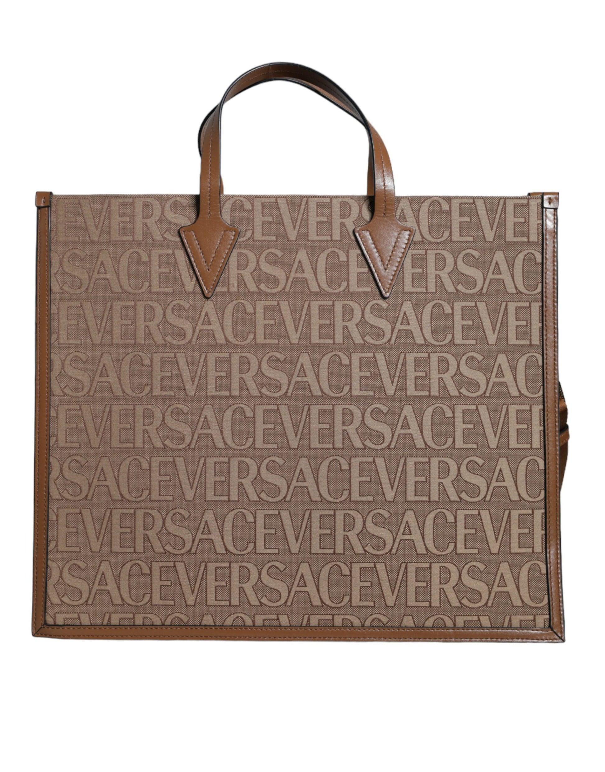 Brown leather handbag with repeating pattern of brand name