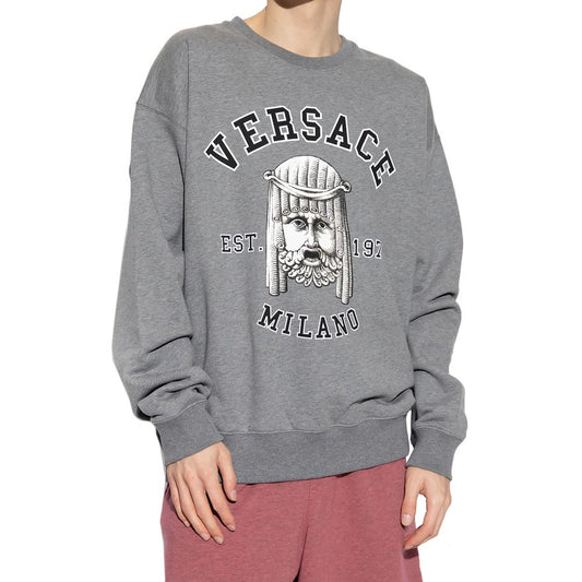 Grey sweatshirt with white lettering and graphic