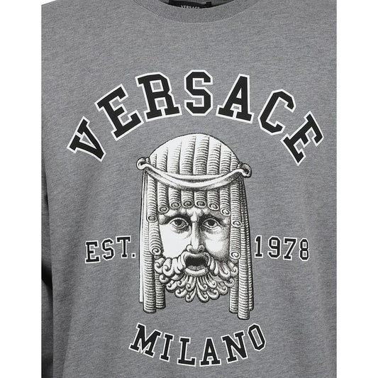 Grey sweatshirt with white lettering and graphic design
