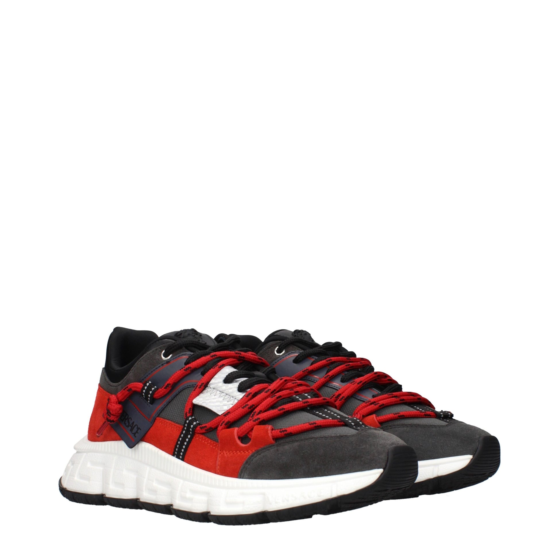 Red and gray chunky sneakers with laces, featuring a white sole