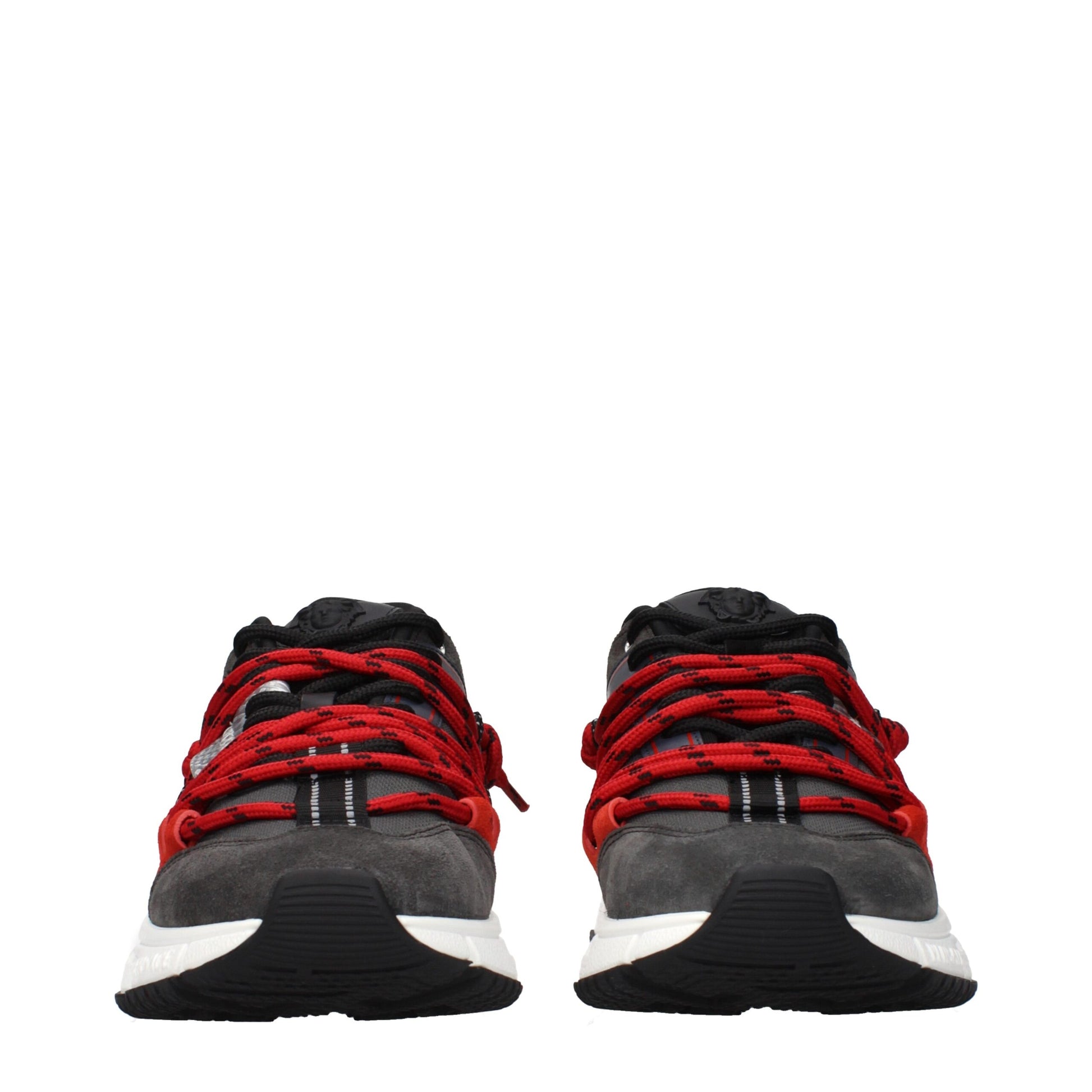 Pair of gray leather chunky sneakers with red laces