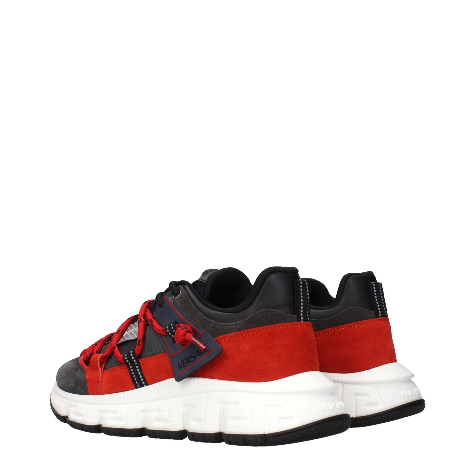 Red and gray chunky sneakers with laces, featuring a leather upper and a thick sole