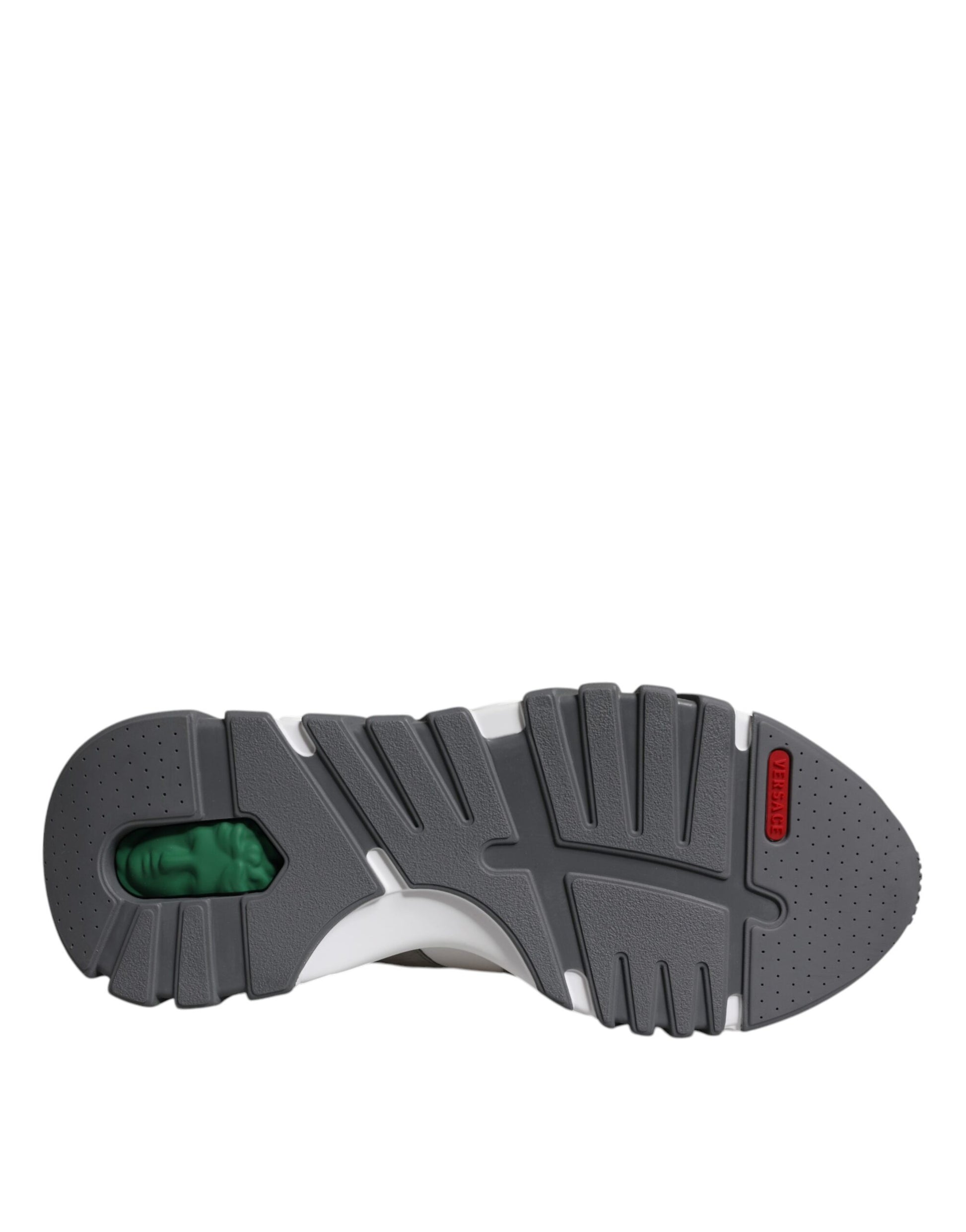 Grey leather sneaker with chunky sole and neoprene upper