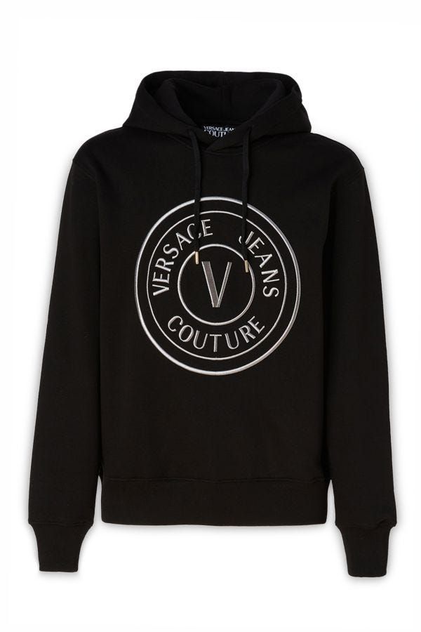Black hoodie with white logo on front