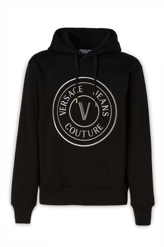 Black hoodie with white logo on front