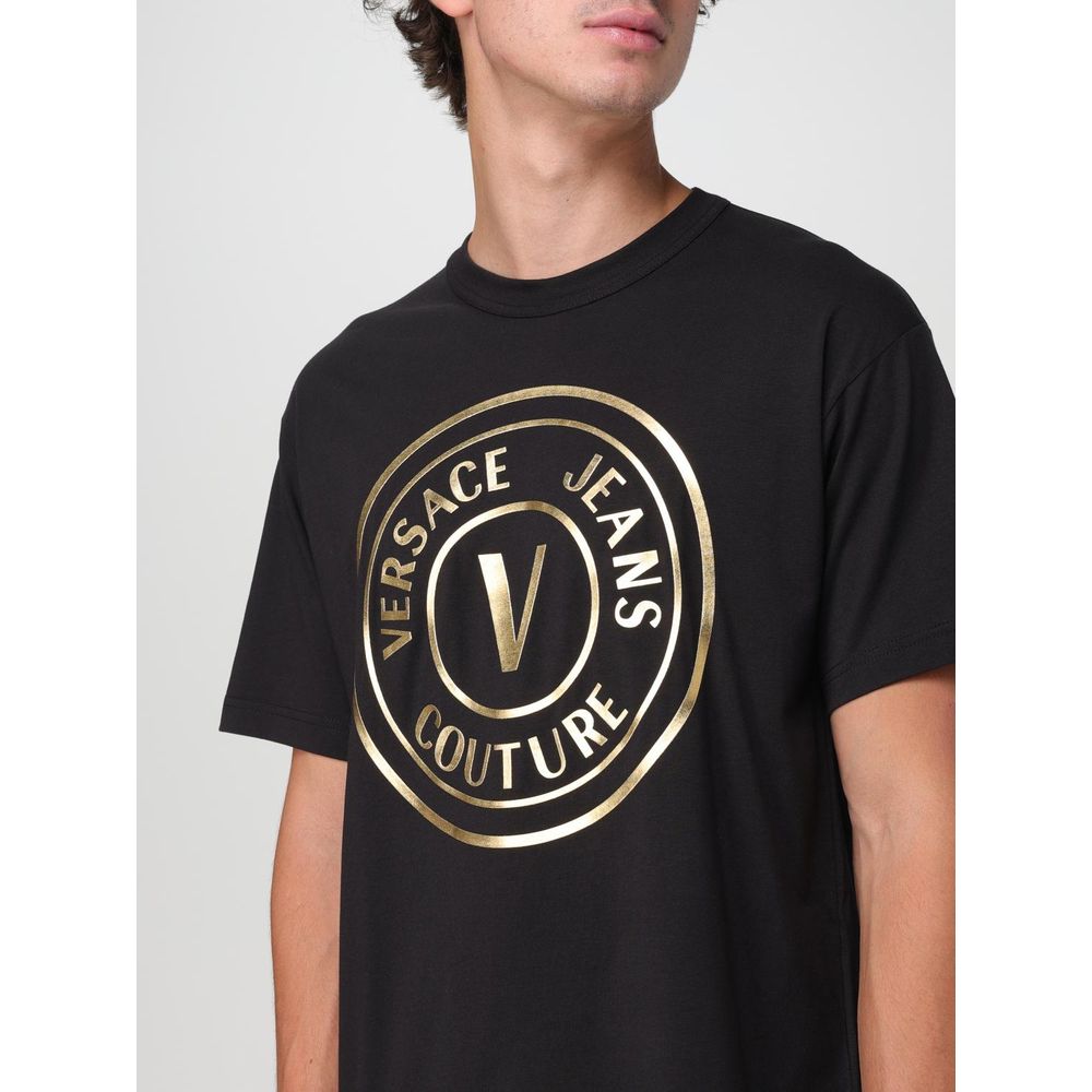 Black cotton t-shirt with gold lettering featuring versace jeans logo