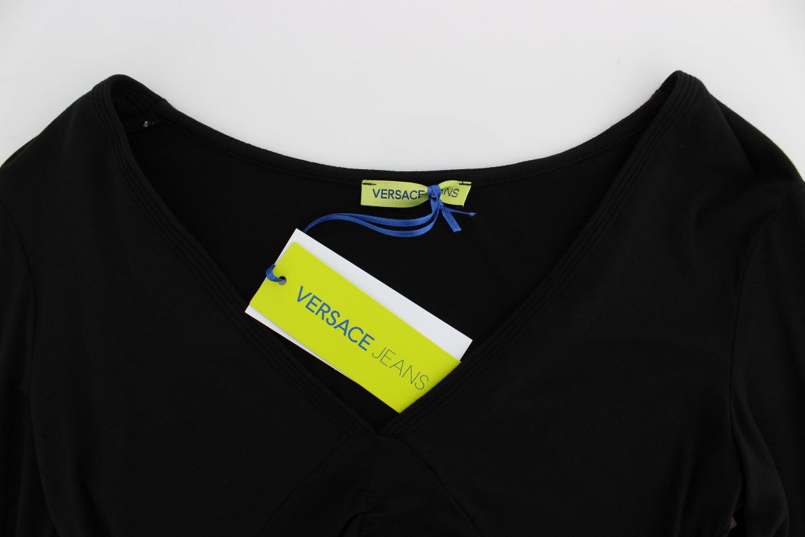Black v neck t-shirt with yellow and blue tag