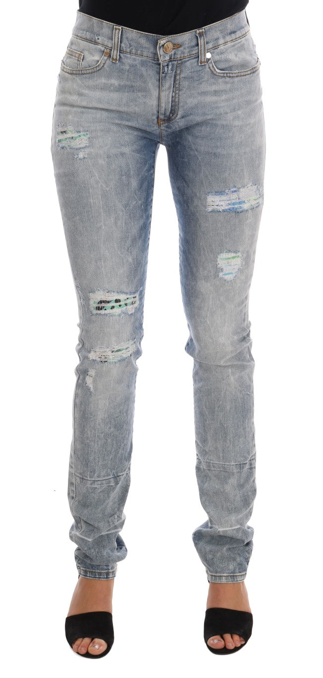 Pair of distressed blue jeans on a mannequin