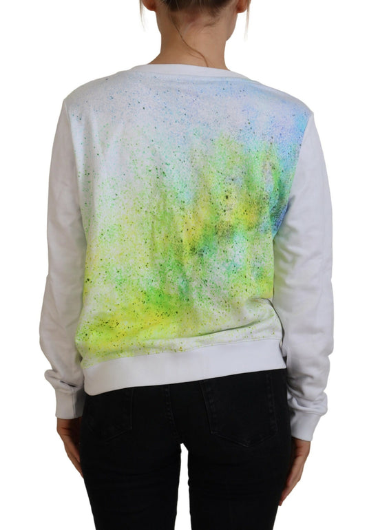 White sweatshirt with colorful splatter design on back