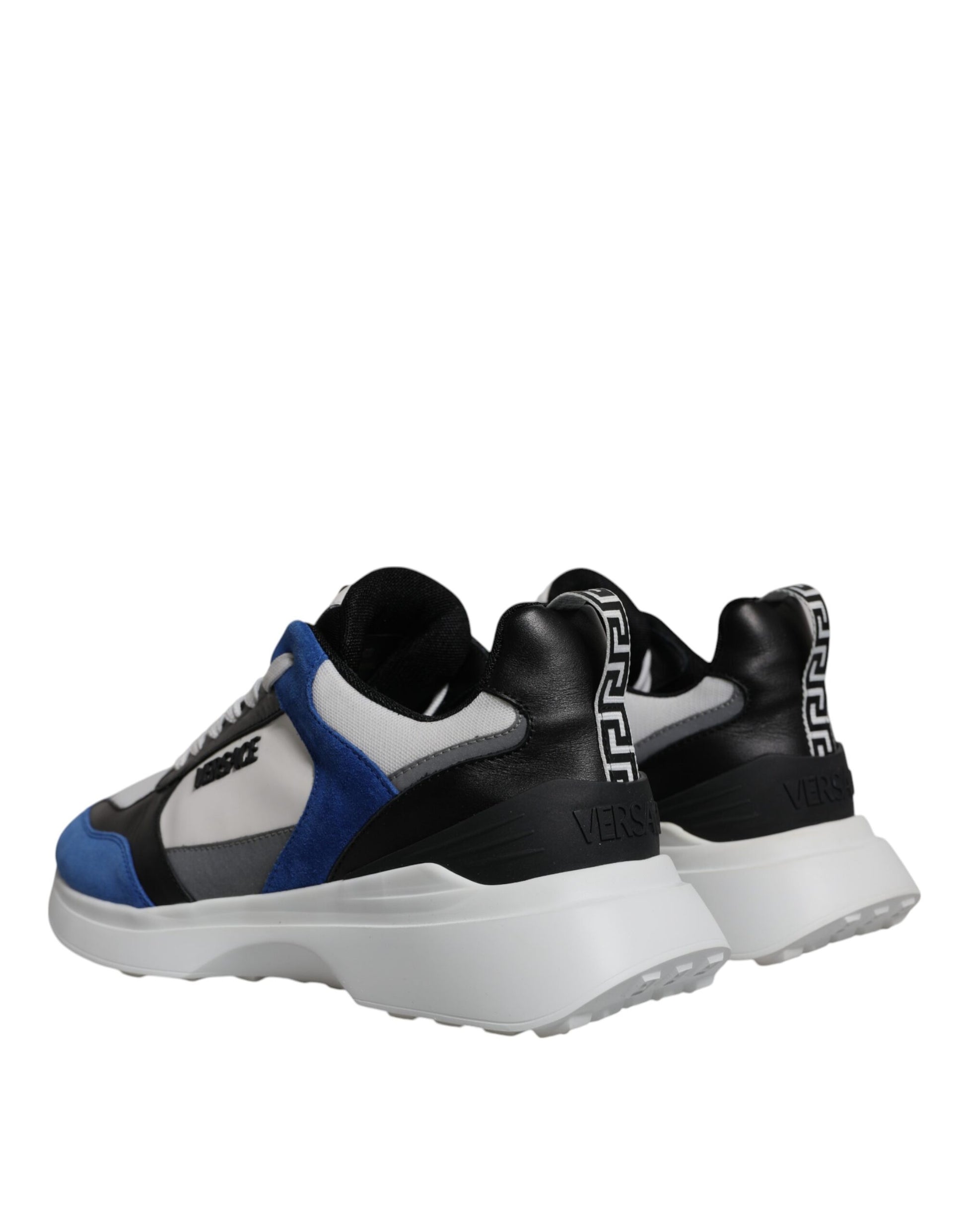 Pair of sneakers with blue and white design elements