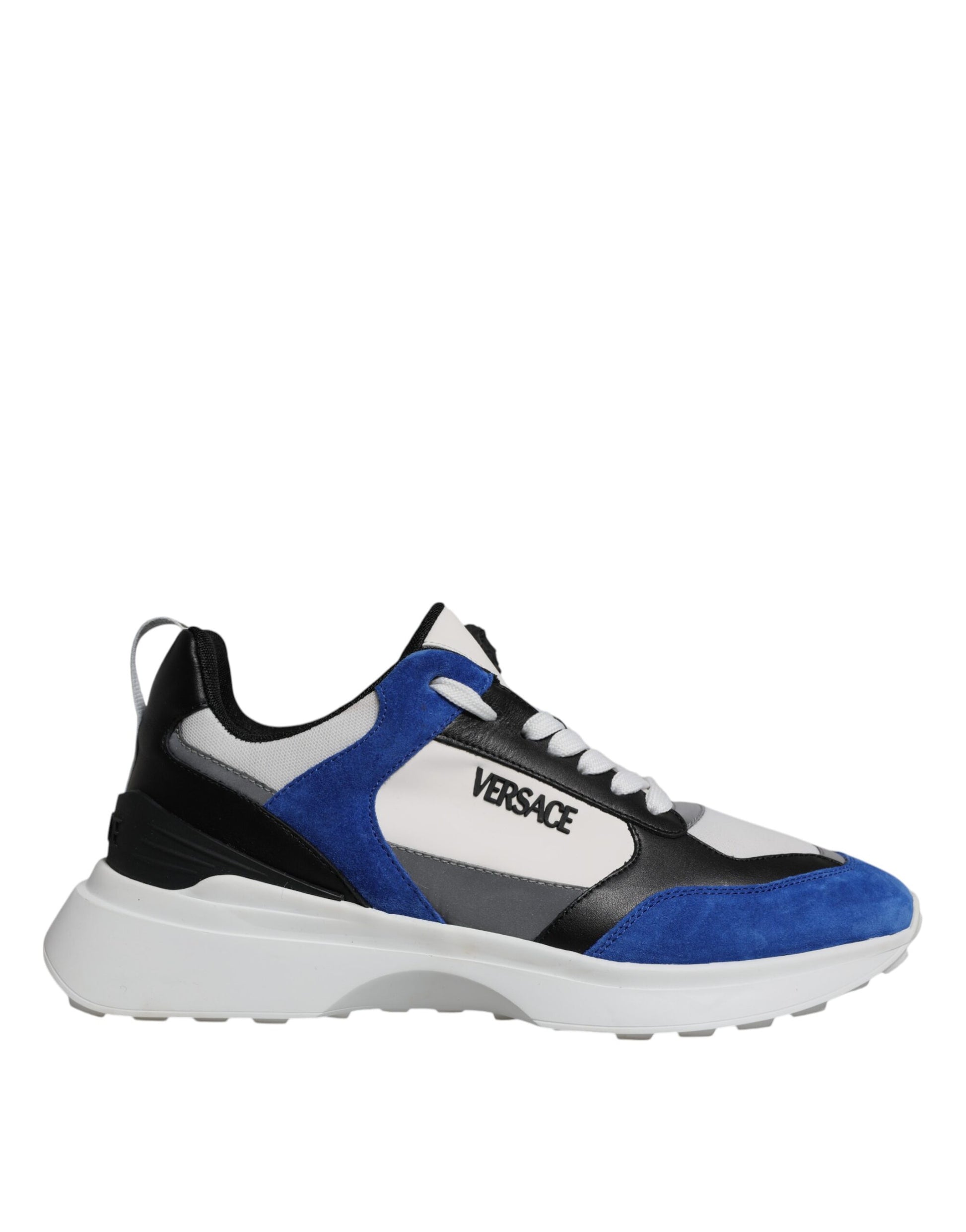 Blue and white sneaker with black laces