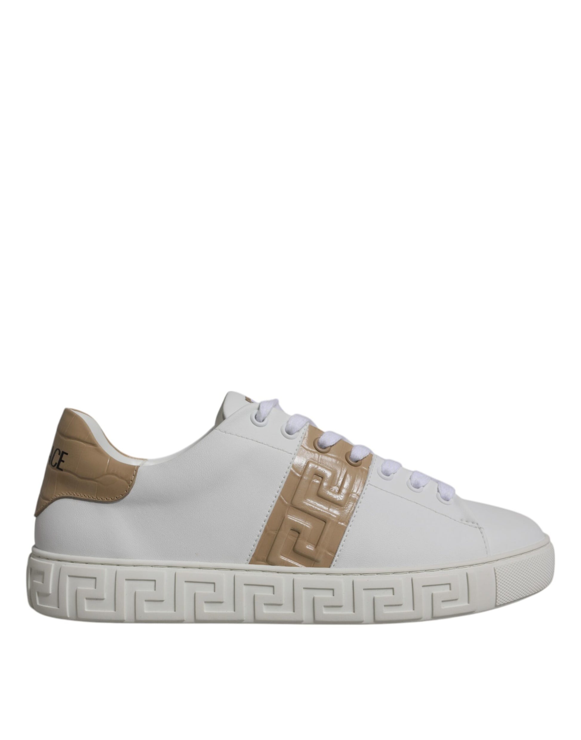 White sneaker with tan laces and a brown design on the side