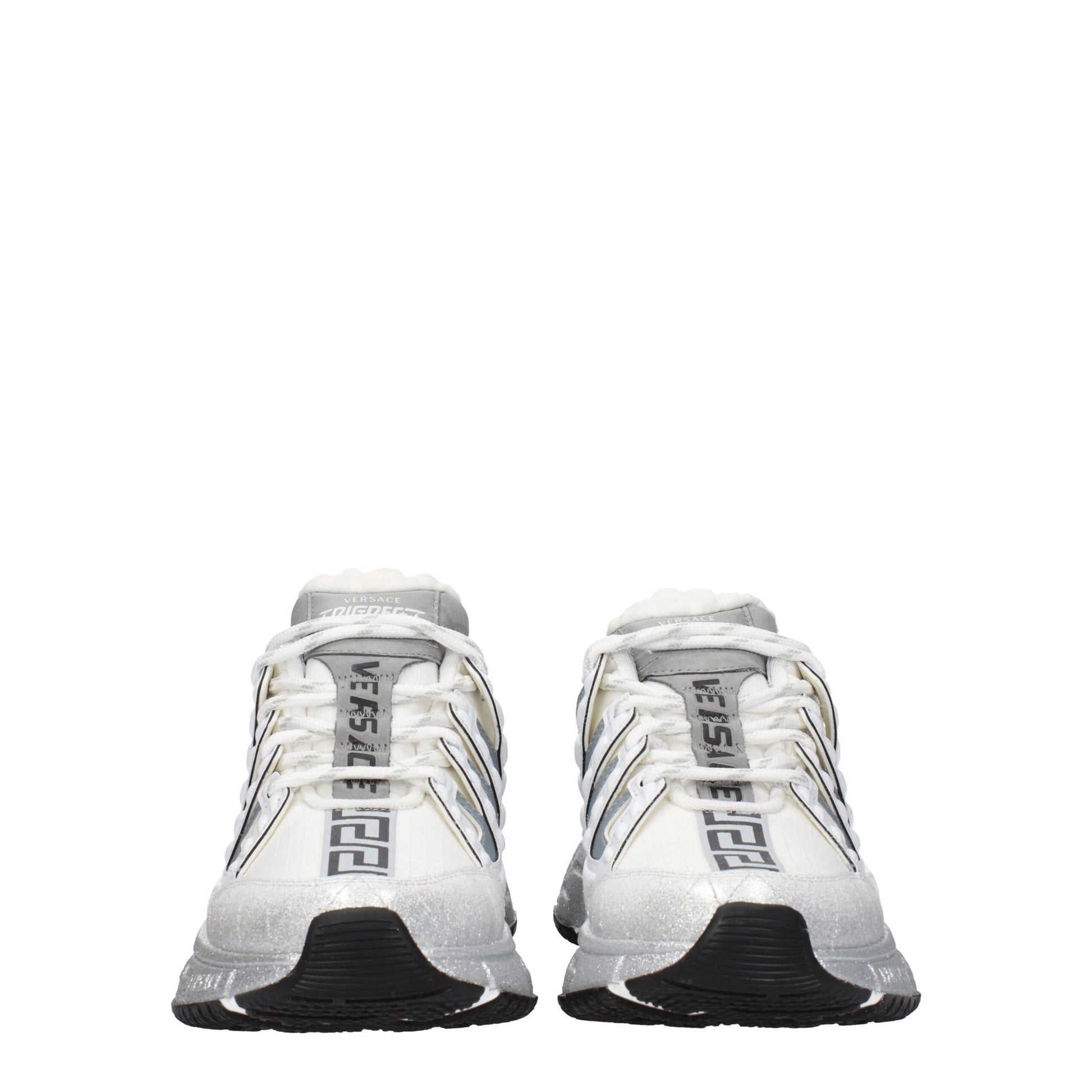 Pair of white athletic sneakers with black laces, branded logo on side and tongue, featuring a textured fabric upper