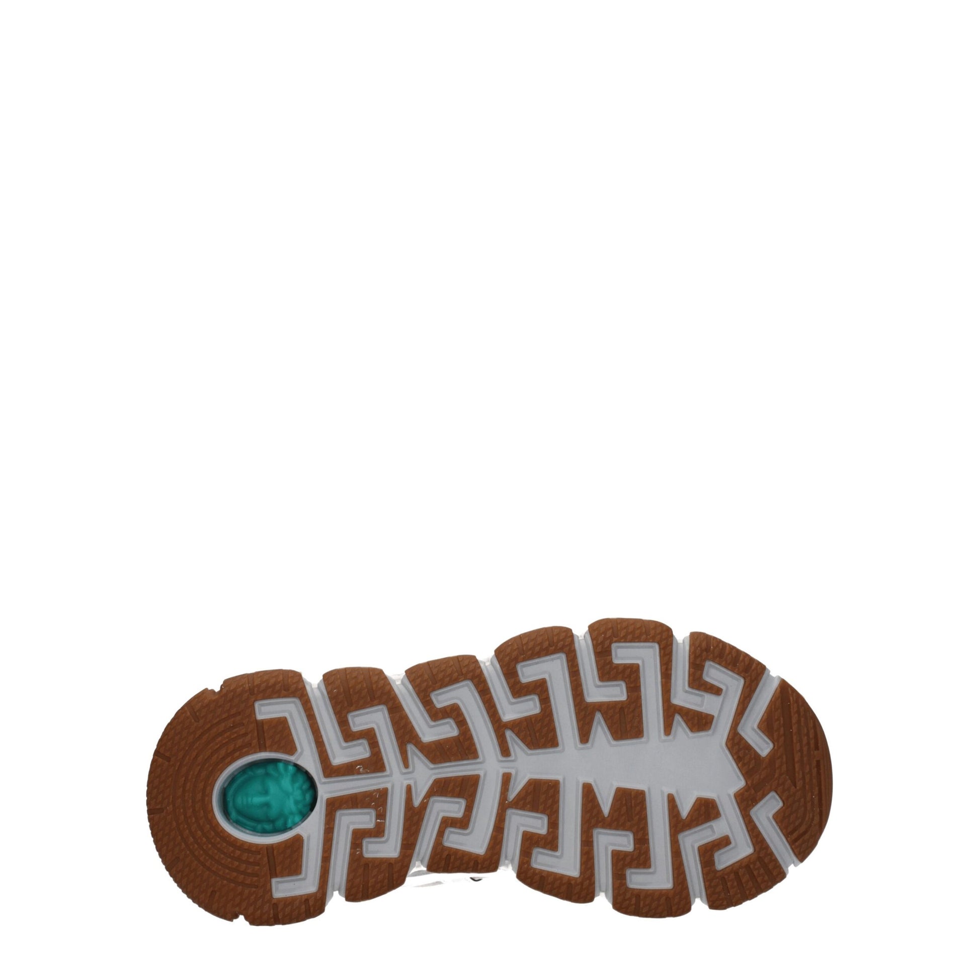 Brown athletic sneaker with white sole and blue accent