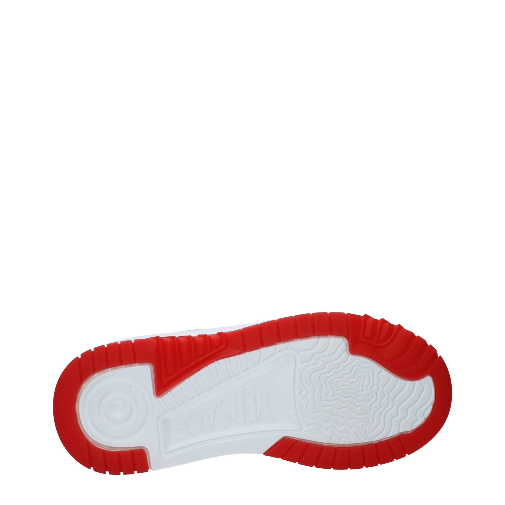 Red and white athletic sneaker with laces