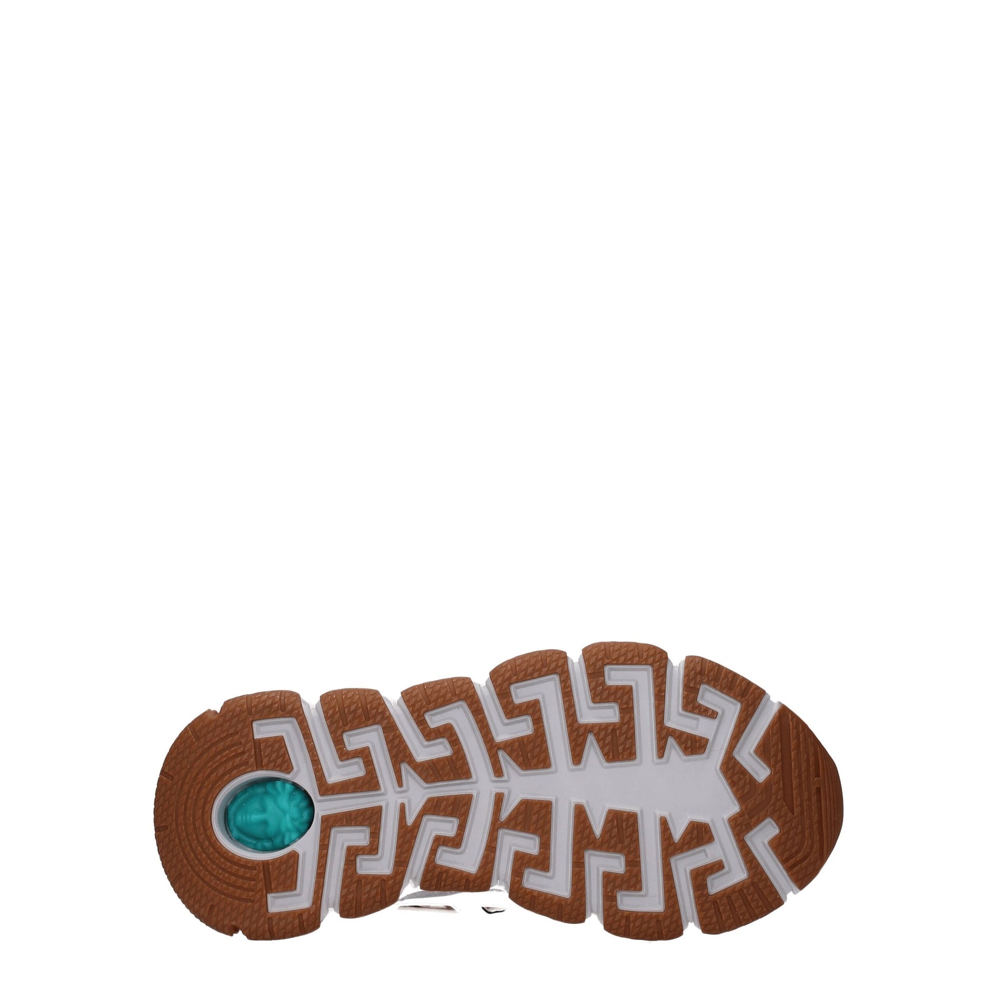 Brown leather sneakers with white laces and blue accents