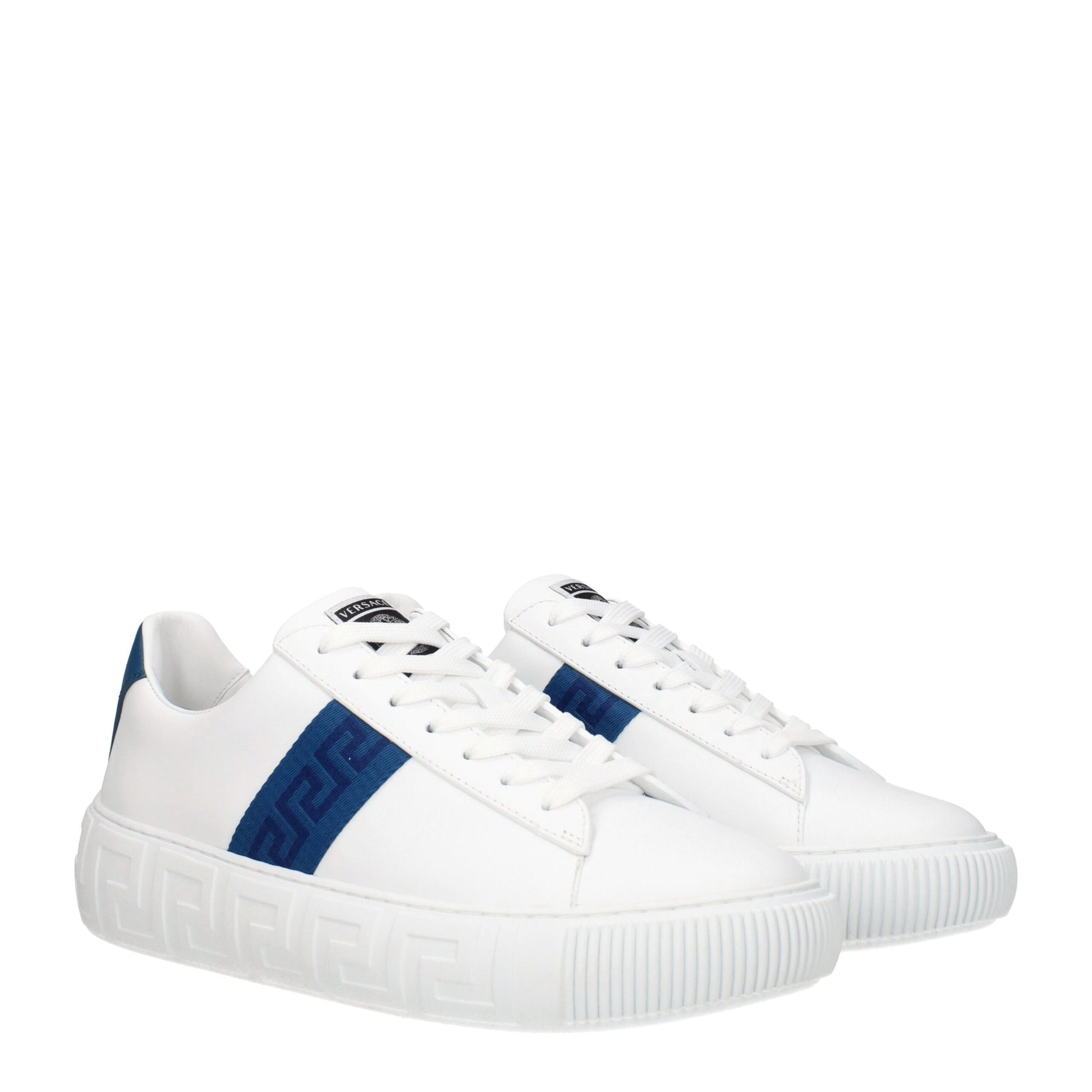 Versace white leather low top sneakers with blue accents, lace-up closure and chunky sole