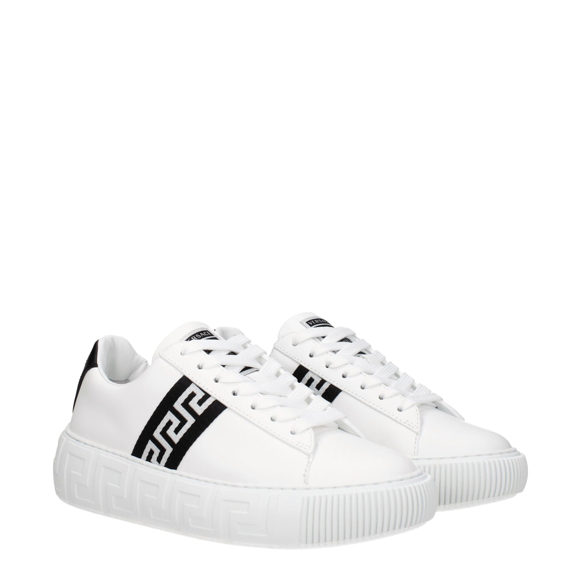 Versace white leather low top sneakers with black patterned laces