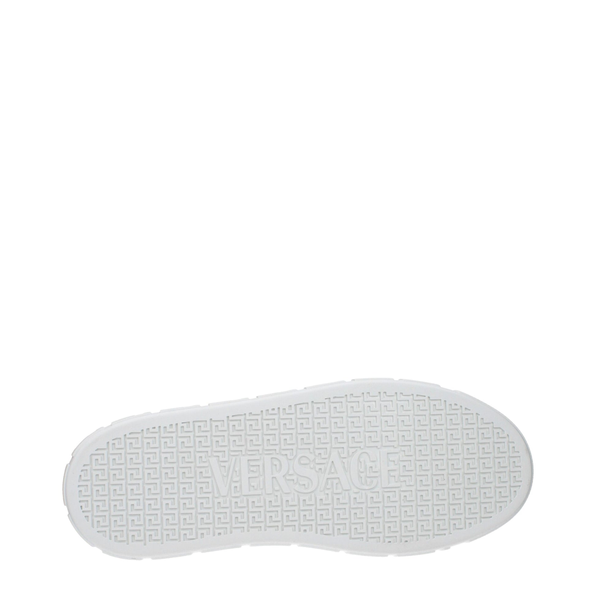 A single white leather sneaker with a textured sole, featuring the brand name "Versace" on the side