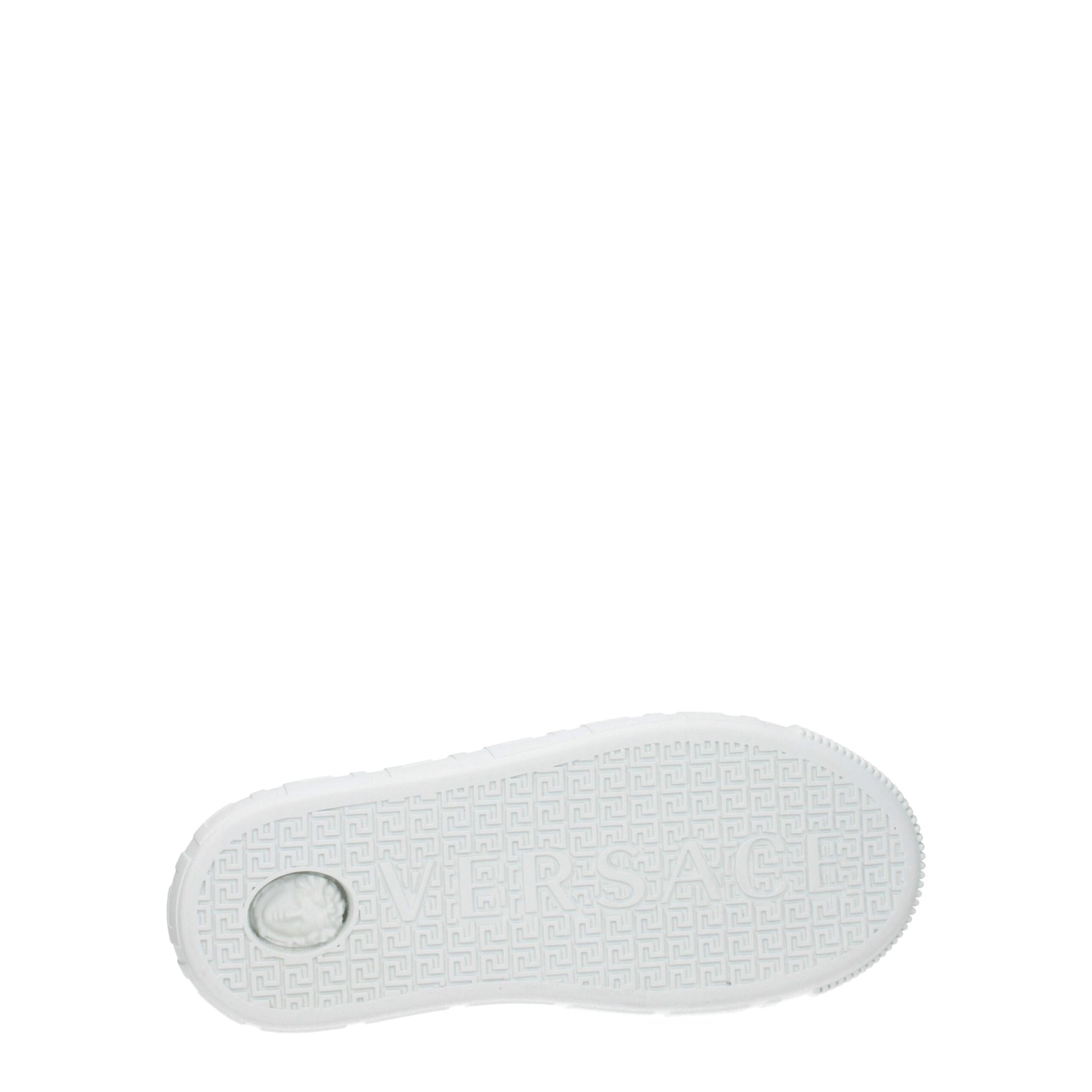 A single white leather sneaker with a low top, featuring the brand name "VERSACE" on the side and a small circular logo on th