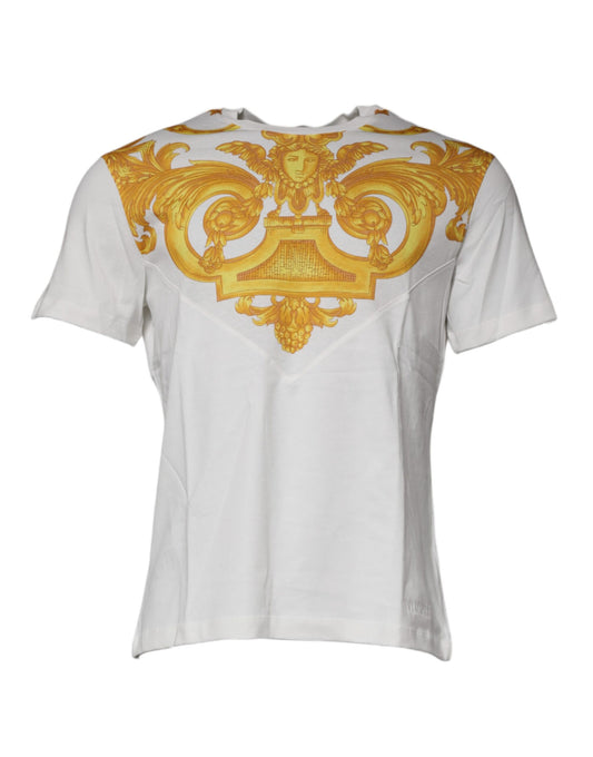 White t-shirt with gold design on back