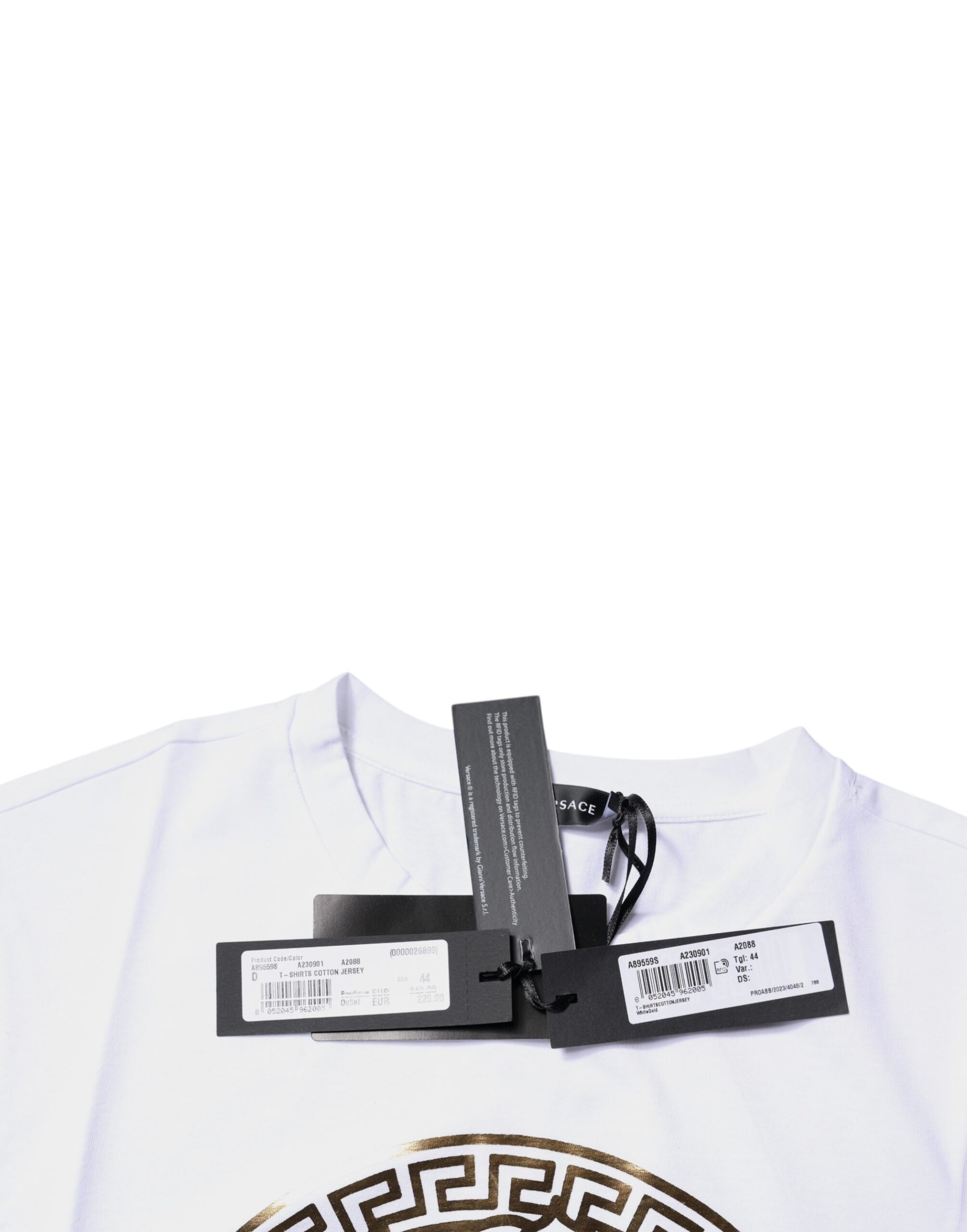 White t-shirt with black tag on neck