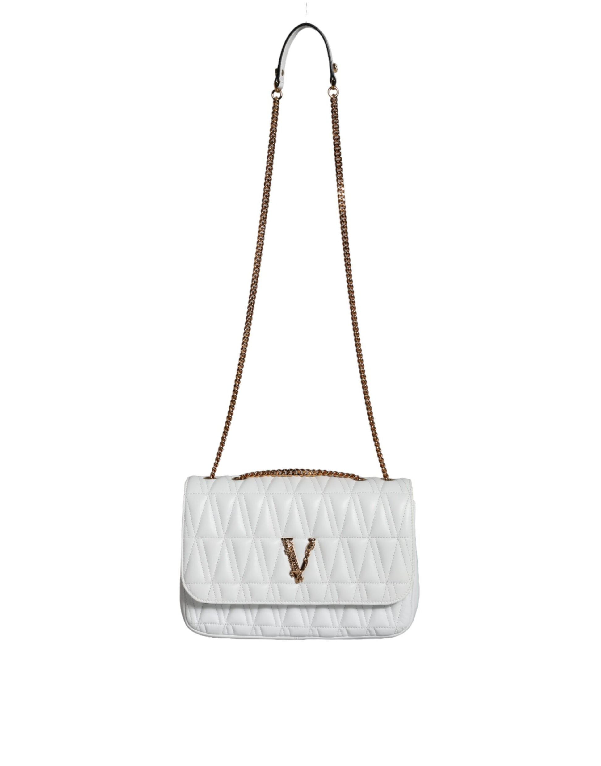 White quilted handbag with brown trim and a V logo on the front