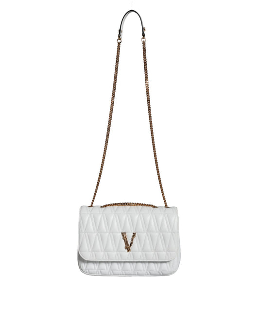 White quilted handbag with brown trim and a V logo on the front