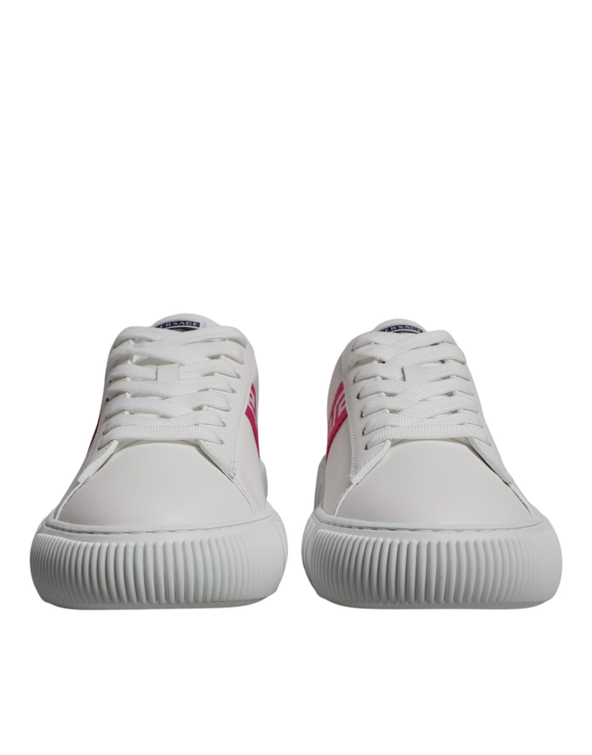 Pair of white sneakers with red accents and a padded sole