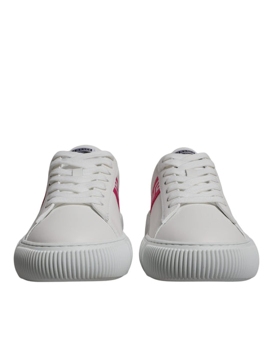 Pair of white sneakers with red accents and a padded sole