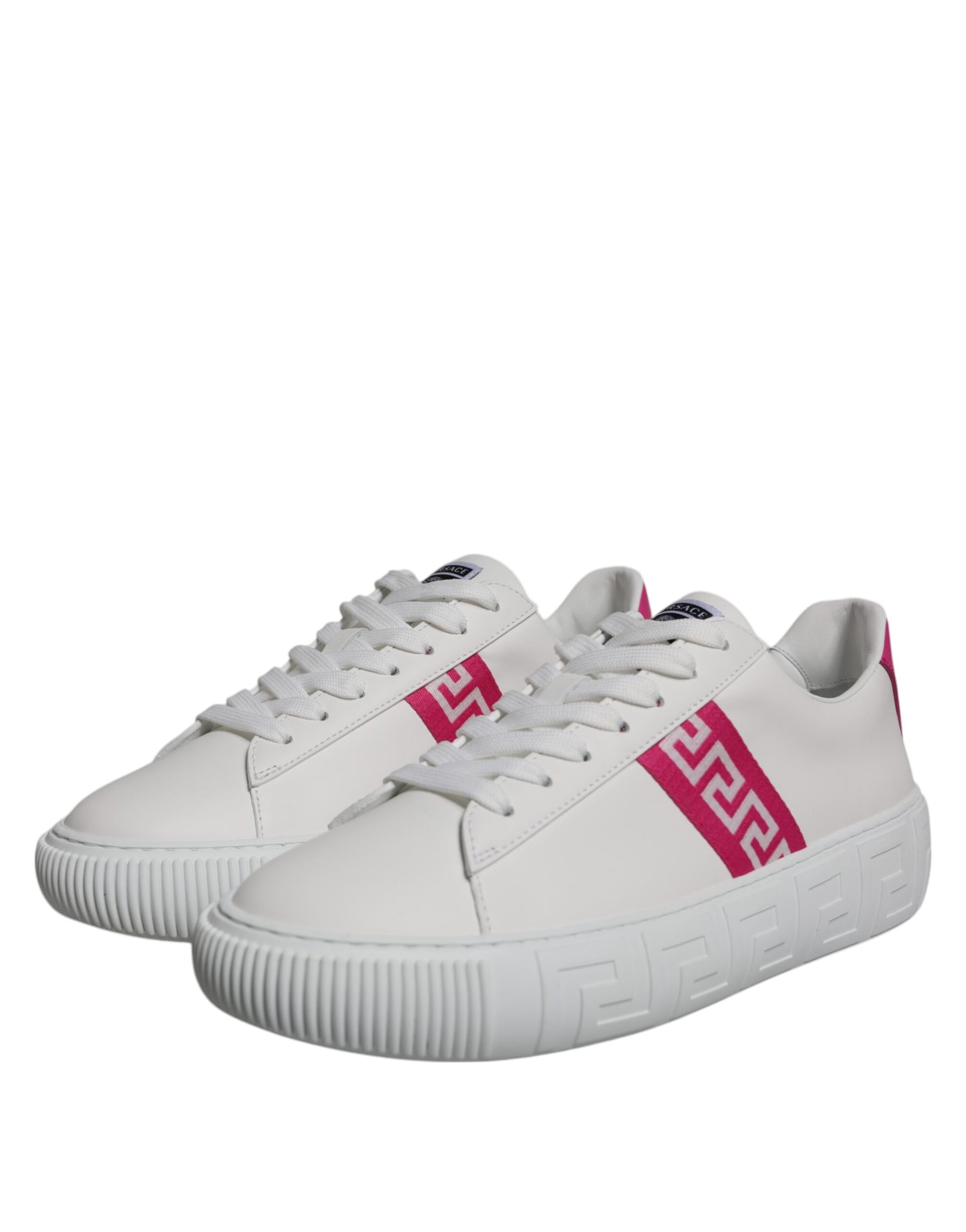 Pair of white sneakers with red accents and a logo on the side