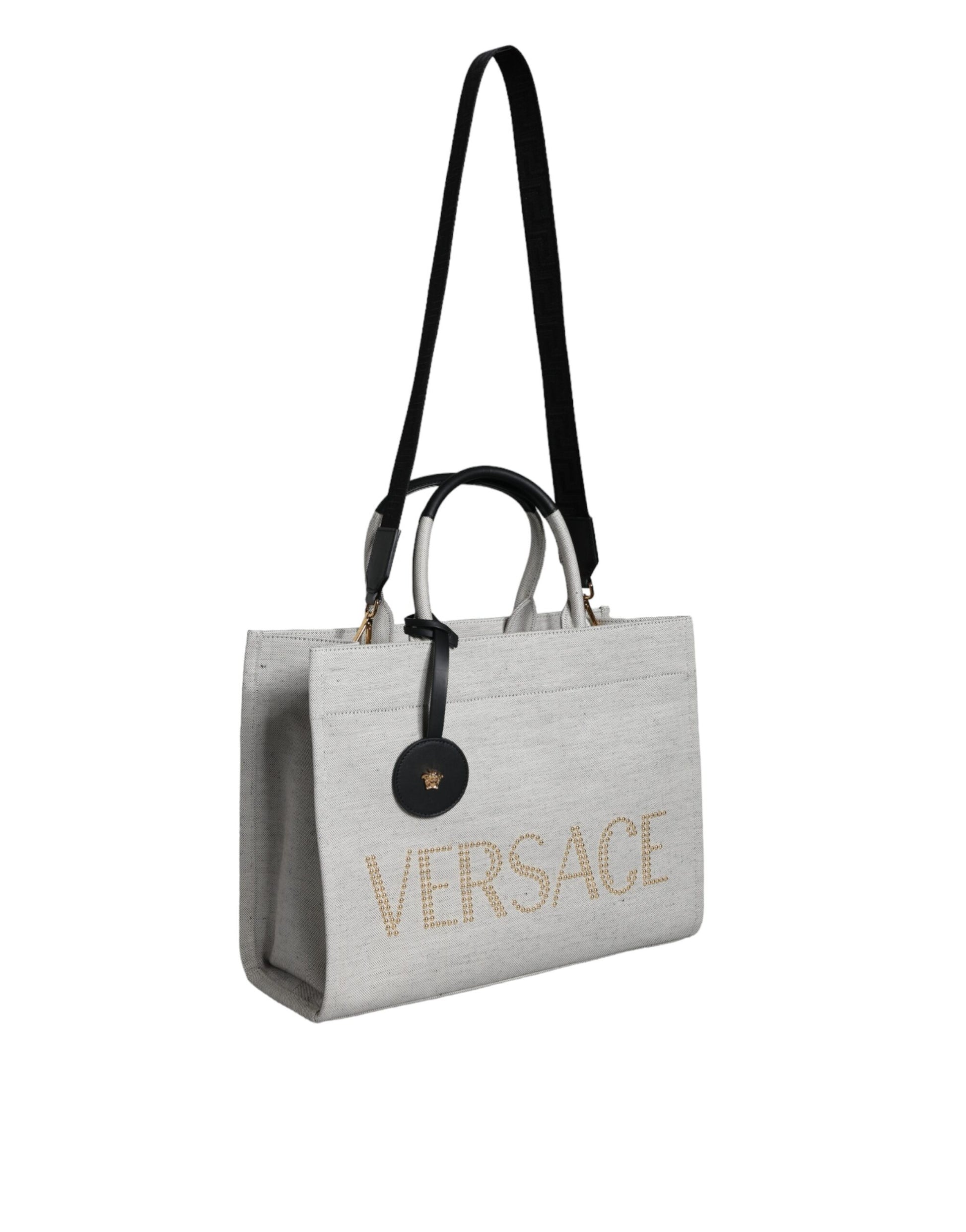 Large handbag with a logo on it