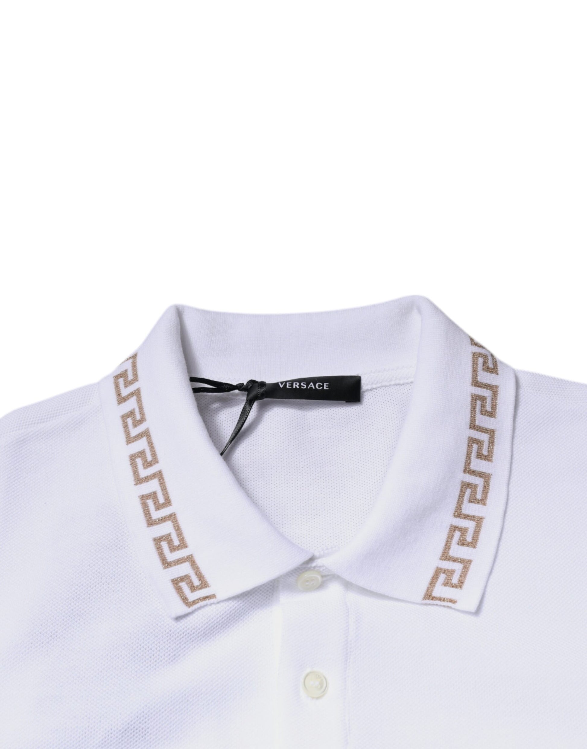White polo shirt with brown trim and logo