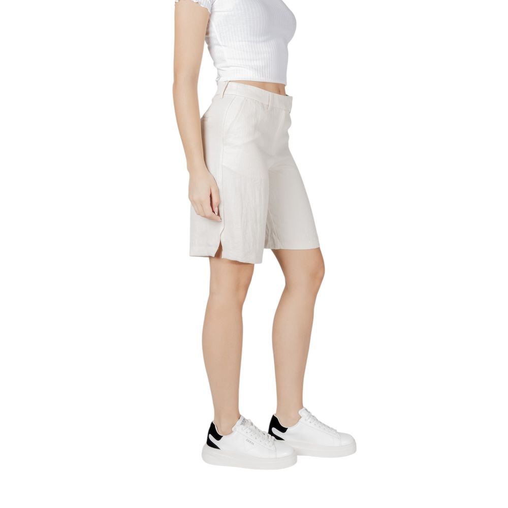 A pair of beige viscose bermuda shorts with a high waist and elasticated waistband
