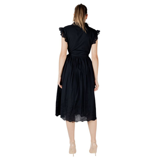 A black cotton midi dress with lace detailing on the bodice and sleeves