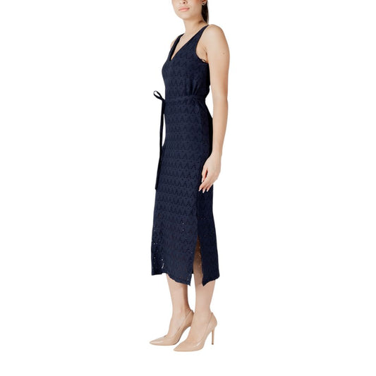 A blue midi dress with a tie at the waist, made of recycled polyester fabric