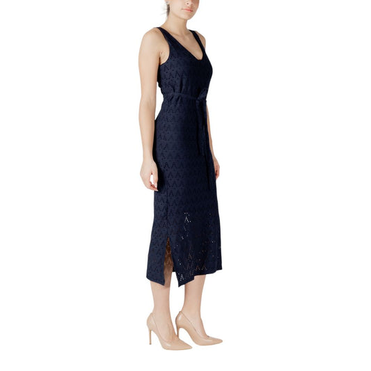A blue midi dress with a tie waist, made of recycled polyester fabric