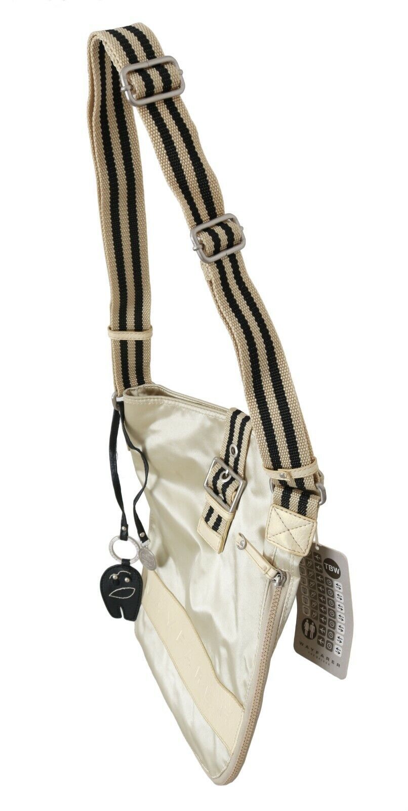 Striped fabric bag with tassels hanging from a string