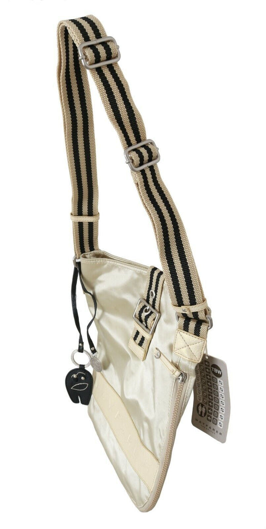 Striped fabric bag with tassels hanging from a string