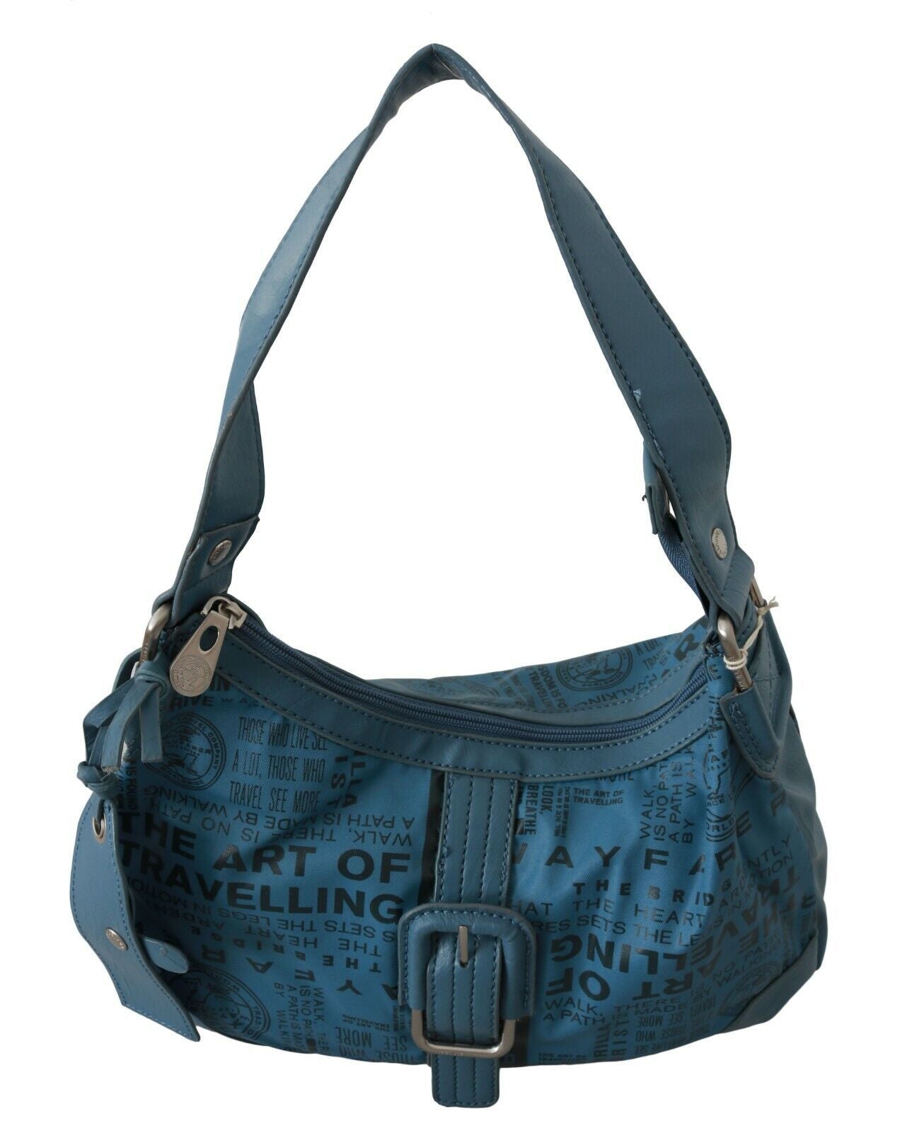 Blue purse with travel quote print