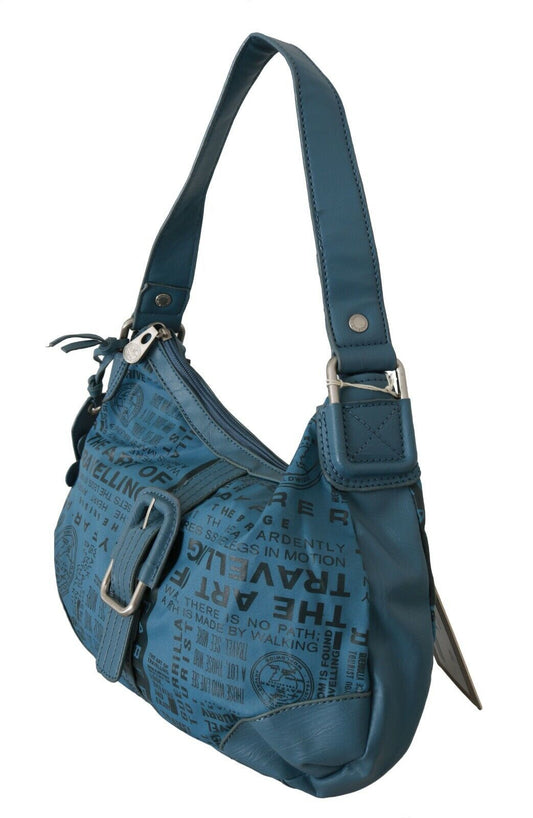 Blue leather crossbody bag with metal hardware