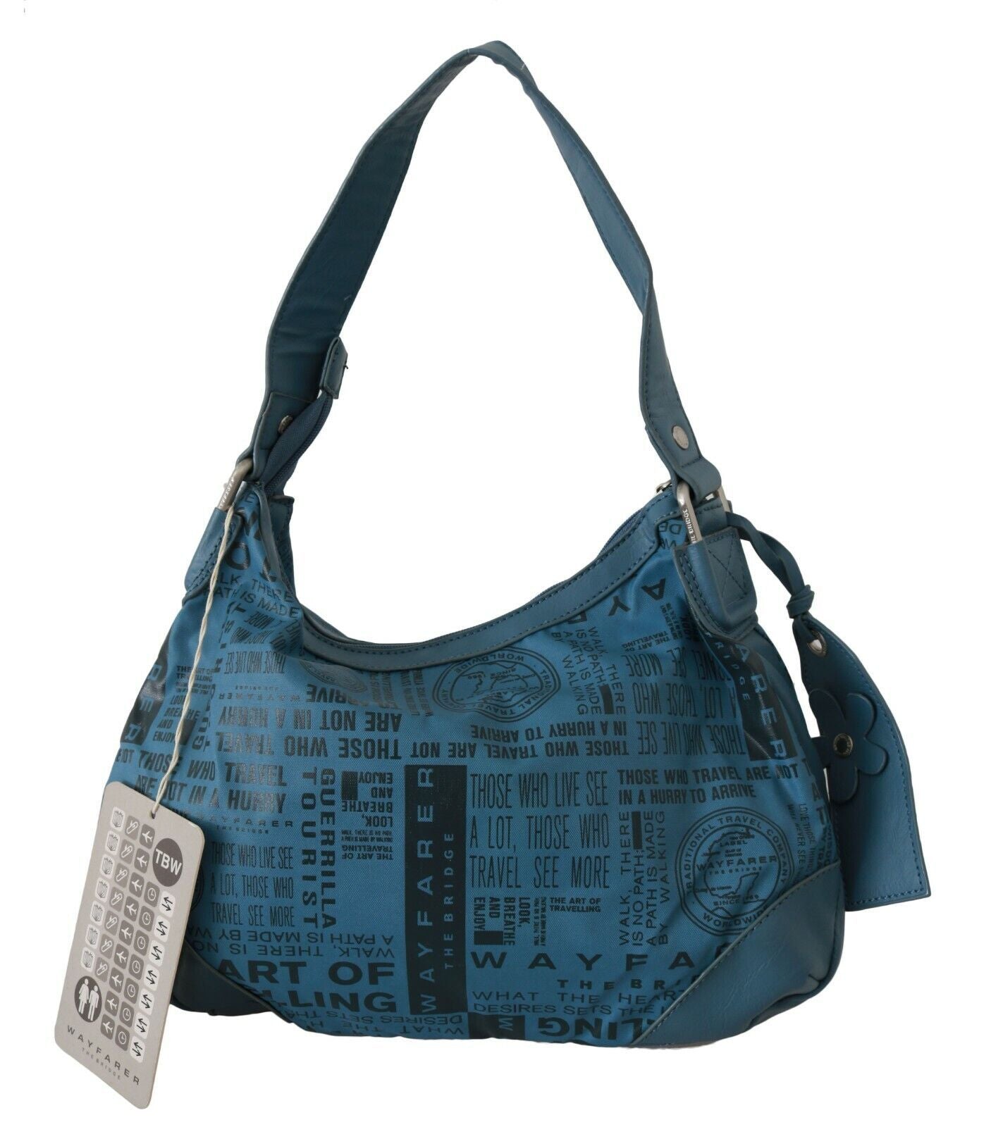 Blue handbag with words on it