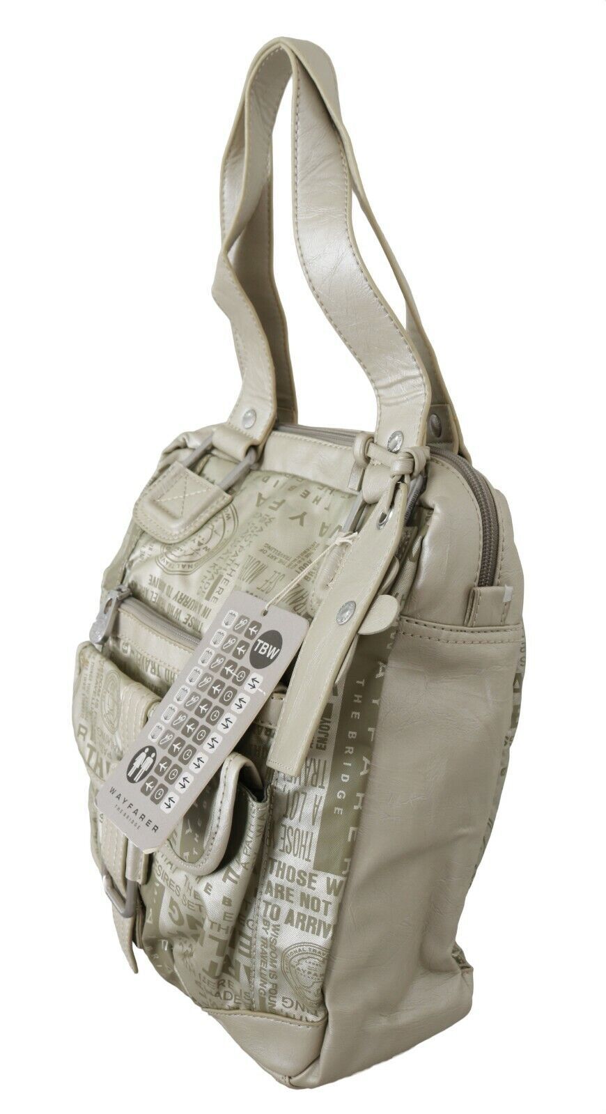Tan cargo pouch with multiple pockets and straps for carrying