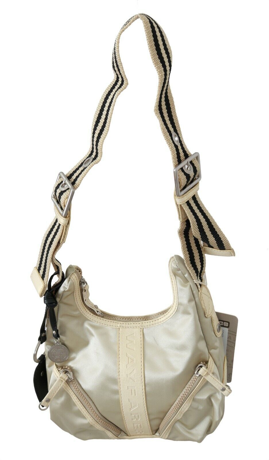 Tan crossbody bag with black straps and a zippered pocket on front